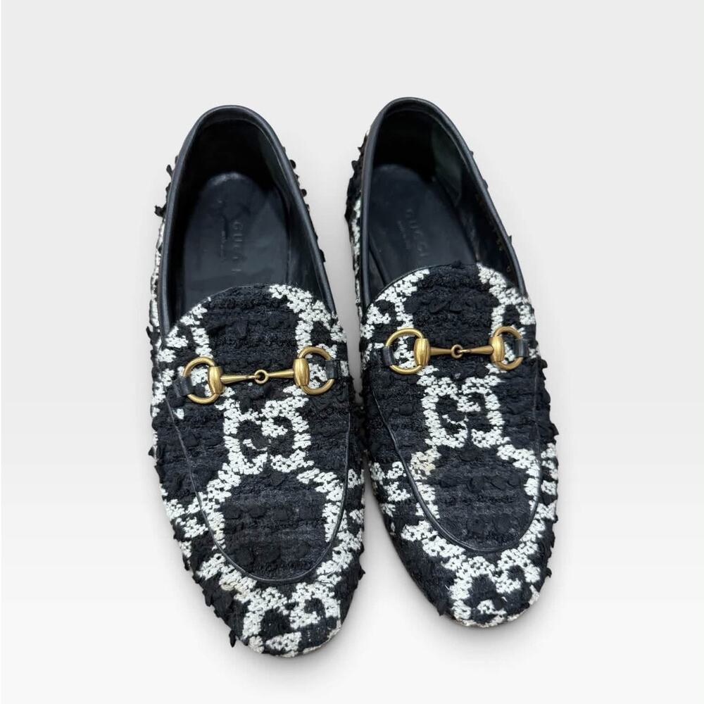 Gucci 431467 Jordaan GG Tweed Monogram Horsebit Loafers Black White 36